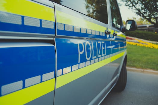 Close-up of a German police car labeled 'Polizei' parked outdoors on a sunny day.